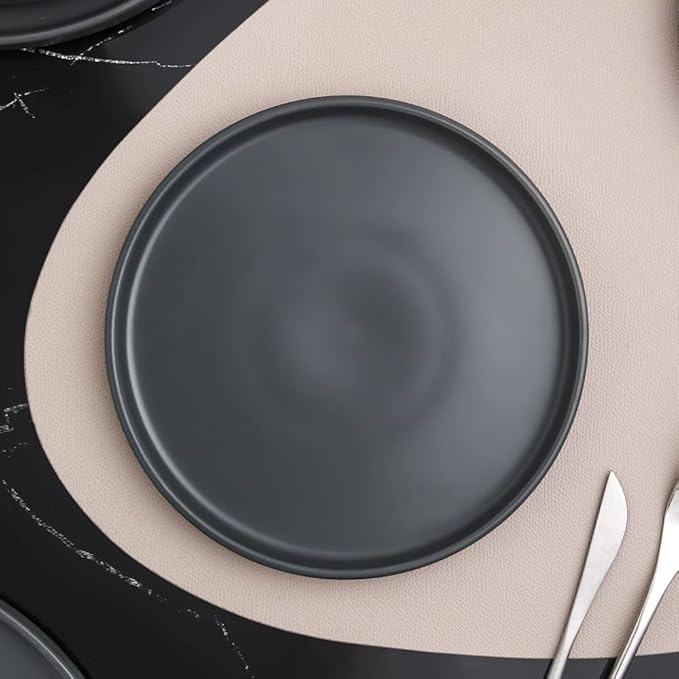 Stackable Design 16 Piece Elegant Stoneware Dinnerware Set for 4 Matte Glaze Finish | Unique Lipped Rim Design On Plates Microwave &amp Dishwasher Safe | Modern Luxury Appearance Dark Gray Color