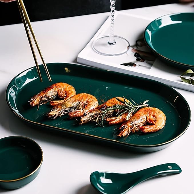 Nordic Light Luxury Emerald Ideas Porcelain Dinnerware Set 48 Piece 10 Person Plate Bowl Set Plate Set