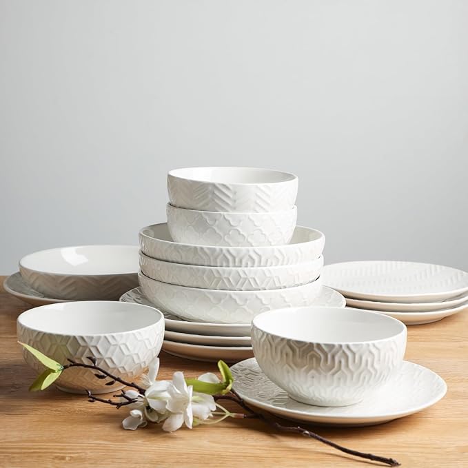 Sureasy Ceramic Plates and Bowls Sets 24 Pieces Dinnerware Sets for 6 Embossed Scratch Resistant Dinner Set Dishwasher and Microwave Safe White