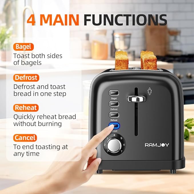 Black Toaster 2 Slice Extra Wide Slot Toaster for Bagels Bread Waffles 7 Shade Settings 4 Main Functions Removable Crumb Tray 900 Watts Toasters Black Stainless Steel