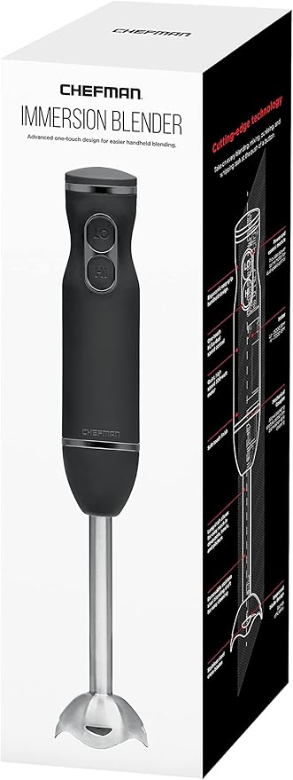 Chefman Immersion Stick Hand Blender Powerful Electric Ice Crushing 2-Speed Control Handheld Food Mixer Purees Smoothies Shakes Sauces and Soups Black