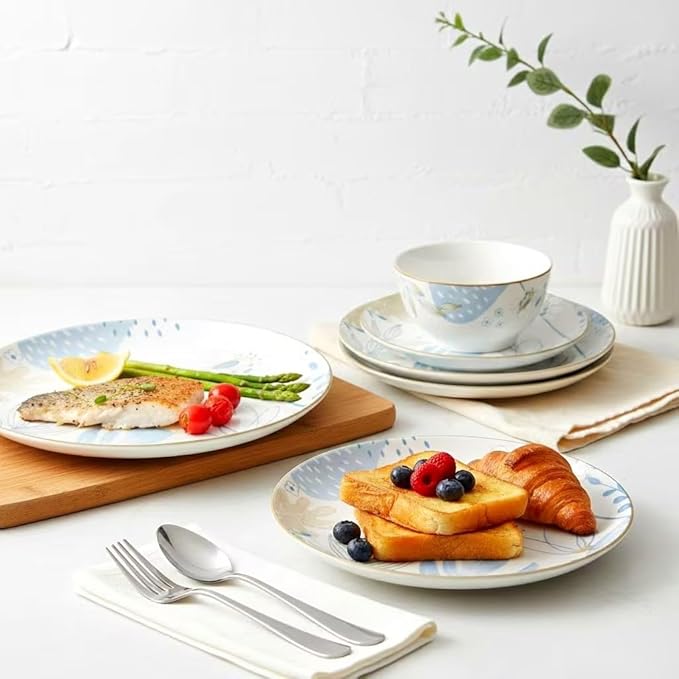 HUHUI Ceramic Dinnerware Sets Service for 4 12-Piece Scratch Resistant Dish Set Microwave and Dishwasherl SafeBlue Floral Ceramic Dinnerware Set sunflower floralblue