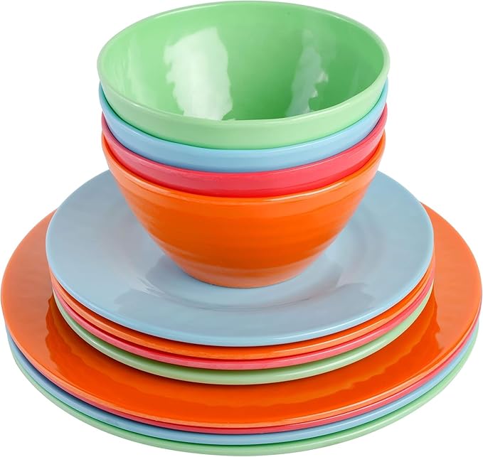 Vibrant 12-Piece Melamine Dinnerware Set – Colorful &amp Durable Plates and Bowls for Indoor &amp Outdoor Dining