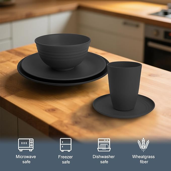 Wheat Straw Dinnerware Sets 40 PCS- Unbreakable Dishes Set for 8 Dishwasher and Microwave Safe Plates and Bowls Sets Reusable Plastic Plates Bowls Drinking Cups for Camping Party - Black