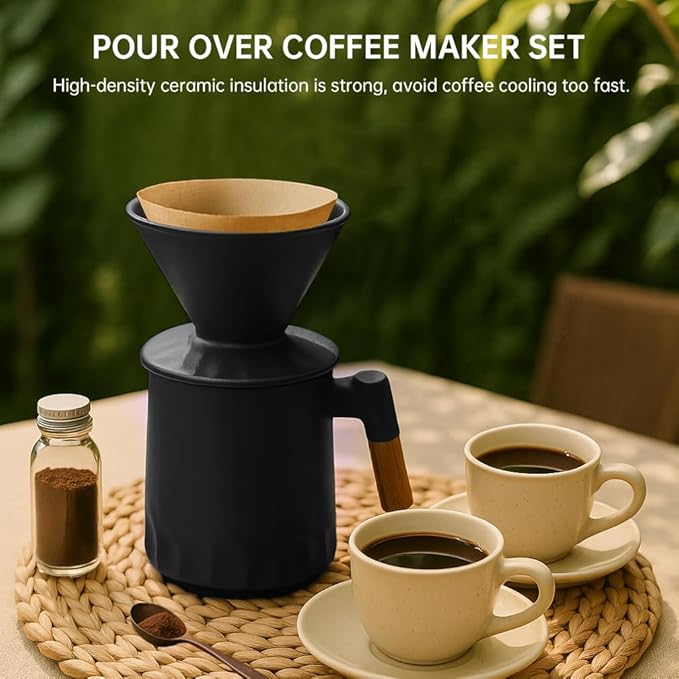 Pour Over Coffee Maker Set Ceramic Pour Over Coffee Dripper 15.5oz/450 ml with 25 Pcs V60 Paper Filter Coffee Pour Over Set for Camping Black