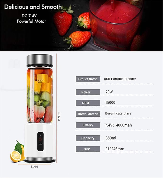 Portable Blender Mini Blender Smoothie Maker with USB Rechargeable Electric Blender Professional Commercial for Vegetables and Fruit Smoothie Maker Blender Food Processor 4000Mah 380Ml