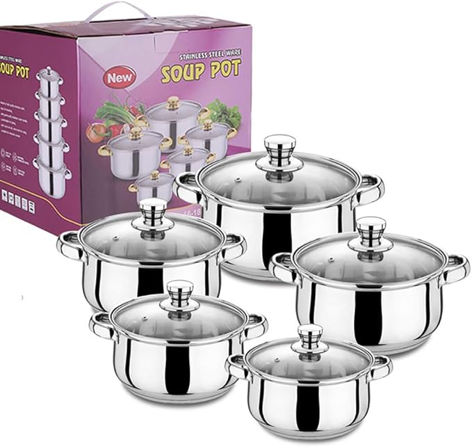PHEZEN 10-Piece Basic Stainless Steel Pots - Home Kitchen Cookware Sets for Gas Electric Halogen Ceramic Induction Hobs (Solid)
