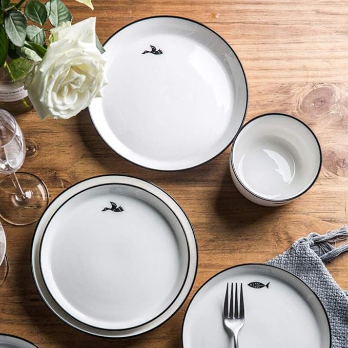 Dinner Plates Dishes/Plate/Bowl Set Ceramics Dinnerware Sets Modern Bird and Fish Pattern Plates and Bowls Microwave and Dishwasher Safe 32 Pieces Set