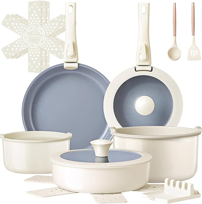 Ammeloo Cream 18-Piece Ceramic Pots and Pans Set &amp Black 22-Piece Baking Pans Set Stackable Bakeware