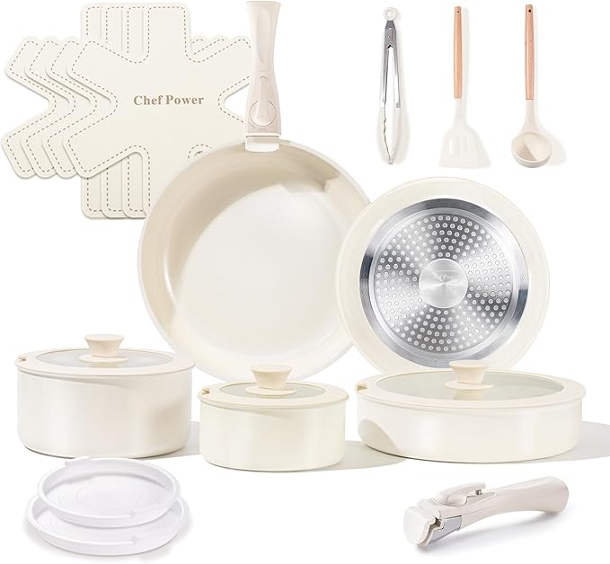 Chef Power Ceramic Cookware Set Non Toxic with Detachable Handles Healthy Nonstick Pans and Pots Set 19 Pcs Induction Dishwasher Oven Safe Kitchen Set PFAS PFOA &amp PTFE Free Cream White