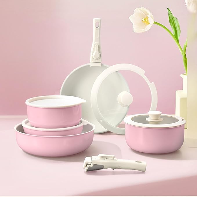 Cookware Set Non Stick 11 Piece Cookware Set with Detachable Handle Set Non Toxic Easily Clean Pot and Pans Set for Cooking Cookware Induction Pink