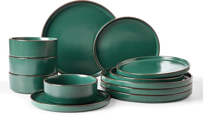 Famiware Nebula Ridge Stoneware Dinnerware Sets Plates and Bowls Sets for 4 12 Pieces Dishes Set Microwave and Dishwasher Safe Kitchen Plates Dark Green