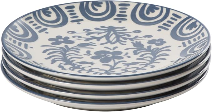 Bloomhouse - 2-Time Oprah’s Favorite Things - Valencia Flor 4 Piece Dessert &amp Salad Plate Set 8.75” Stoneware Plates Mediterranean Floral Decal Design Microwave &amp Dishwasher Safe Iris Blue