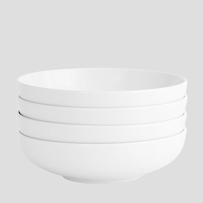 Euro Ceramica Essentials Large Bistro Bowls Set of 4 Dinnerware and Serveware for Serving Pasta Fruits Salads Solid Semi-Matte White