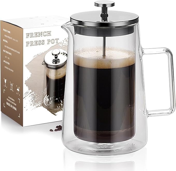 French Press Coffee Maker 22Oz - Double-Wall Insulated Borosilicate Glass - Ergonomic Handle - Coffee Gift - Tea &amp Coffee Press