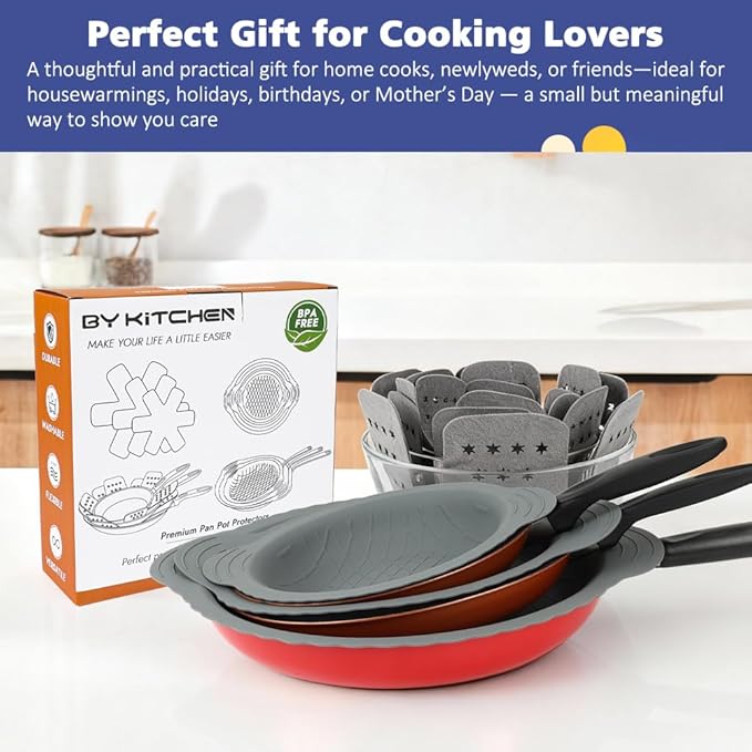 BYKITCHEN 3PCS Silicone Pan Protectors with 6PCS Felt Pan Pot Separators Dividers Pads for Stacking and Protecting Your Cookware Compatible with Hexclad Cookware Set Tfal Nonstick Frying Pans &ampM