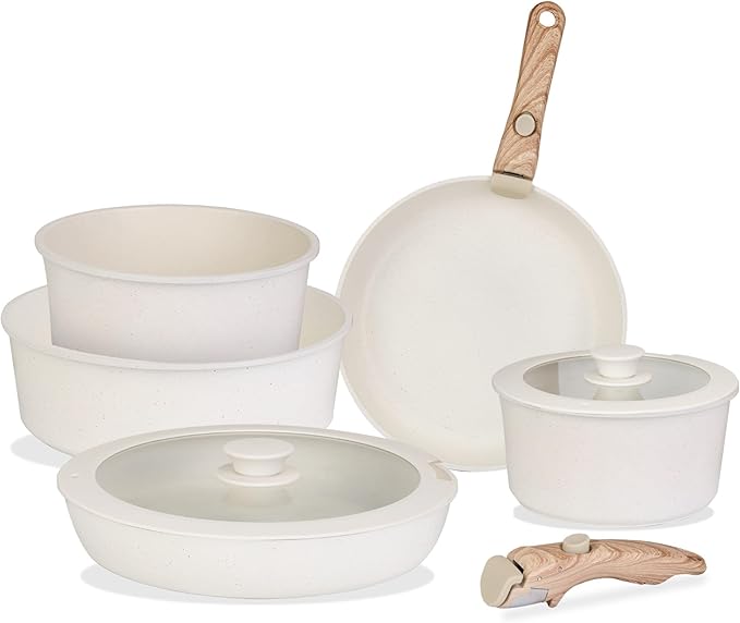 9Pcs Nonstick Cookware Set Kitchen Pots and Pans Set with Detachable Handles Tempered Glass Lids Dishwasher Oven Safe Aluminum Alloy Kitchen Cookware