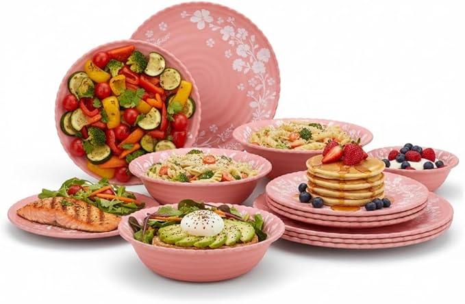 12-Piece Daisy Bamboo Melamine Dinnerware Set Pink Floral Wave-Edge Design Dishwasher Safe Ideal for Brunch Afternoon Tea &amp Cozy Family Dining