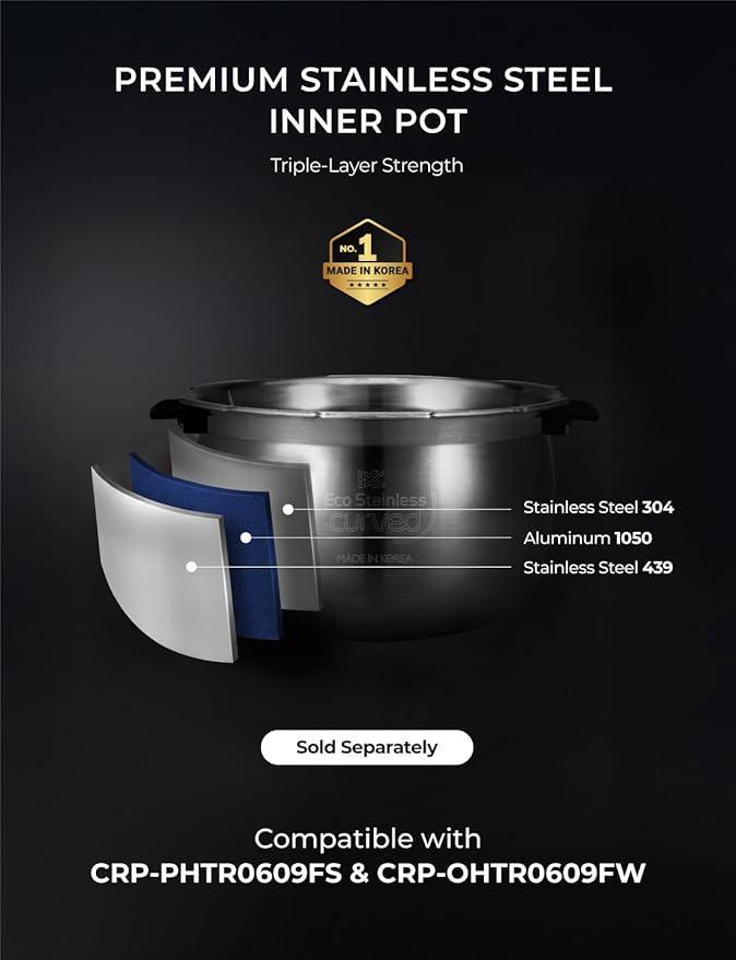 CUCKOO Twin Pressure Rice Cooker 6-Cup Uncooked / 12-Cup Cooked with Induction Heating Technology Silent Pressure System Open Cooking Mode Dynamic Display Eco Inner Pot Gray (CRP-PHTR0609FS)