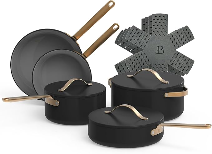 Black Sesame Full 12-Piece Non-Toxic Non-Stick Ceramic Cookware Set | Oven safe up to 500°F | NOT Made With Forever Chemicals | Drew Barrymore (Black Sesame)