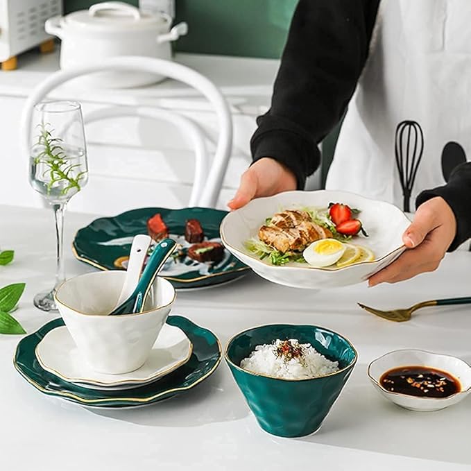 Dinnerware Set Plates and Bowls Sets Bone Porcelain Tableware Set With Plates Dish And Bowls Green White Ceramic Dinner Set With Gold Rim For Home