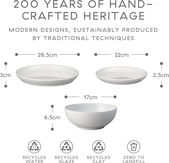Denby - Elements Stone White Dinner Set For 4-12 Piece Ceramic Tableware Set - Dishwasher Microwave Safe Crockery Set - 4 x Dinner Plates 4 x Medium Plates 4 x Cereal Bowls