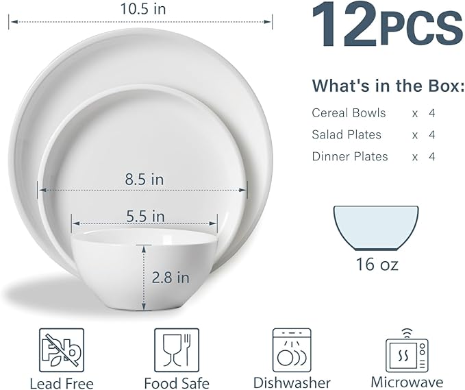 ONEMORE Plates and Bowls Set for 4 - Microwave &amp Dishwasher Safe Porcelain Dinnerware Set Service for 4 - Ceramic Dishes Set(12 Pcs) - White
