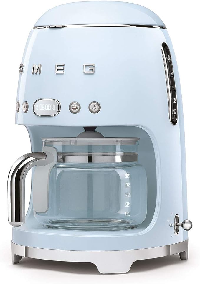 Smeg DCF02PBUK Drip Coffee Machine Auto-Start Mode Reuseable Filter Digital Display Anti-Drip System Aroma Intensity Option 1.4 Litre Tank Pastel Blue