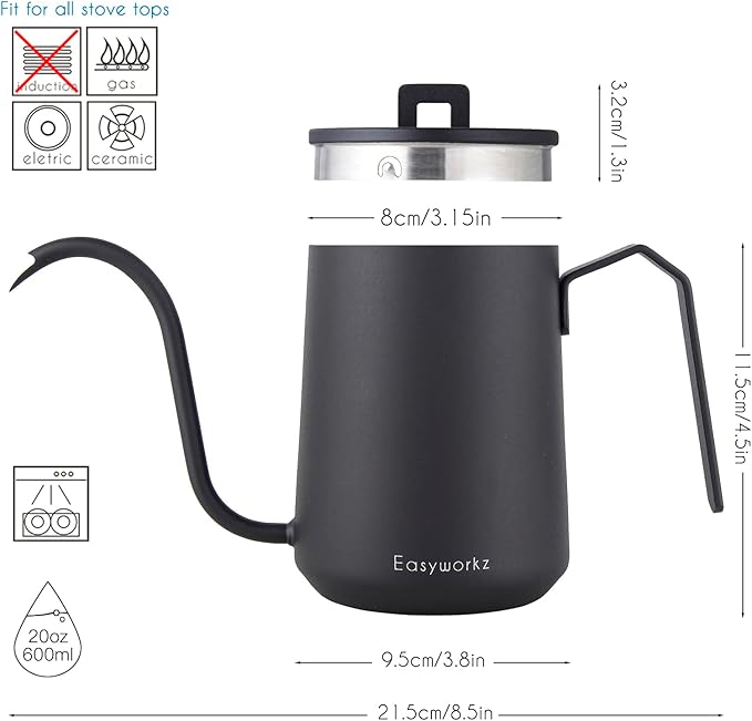 Easyworkz Gooseneck Pour Over Coffee Kettle 20 oz Stainless Steel Hand Drip Coffee Pot With Long Narrow Spout Matte Black