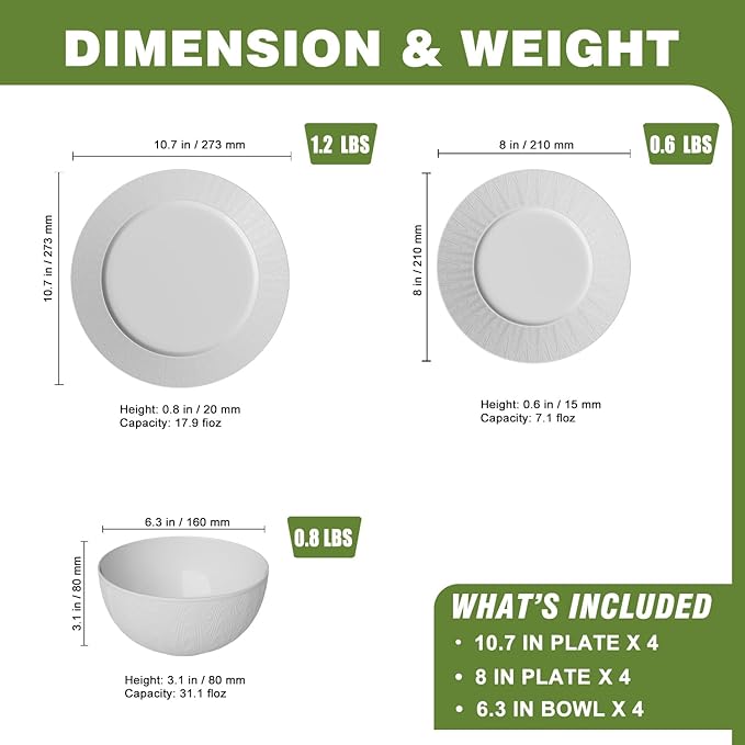 Yoshy 12-Piece White Bone China Dinnerware with Lightweight Durable Chip Resistant Design Service for 4 (12 Piece - Service for 4 Streamsong)