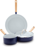 GreenPan Hudson Healthy Ceramic Nonstick 4 Piece Cookware Pots and Pans Set Vintage Vintage Wood Inspired Handle PFAS-Free Dishwasher Safe Navy Blue