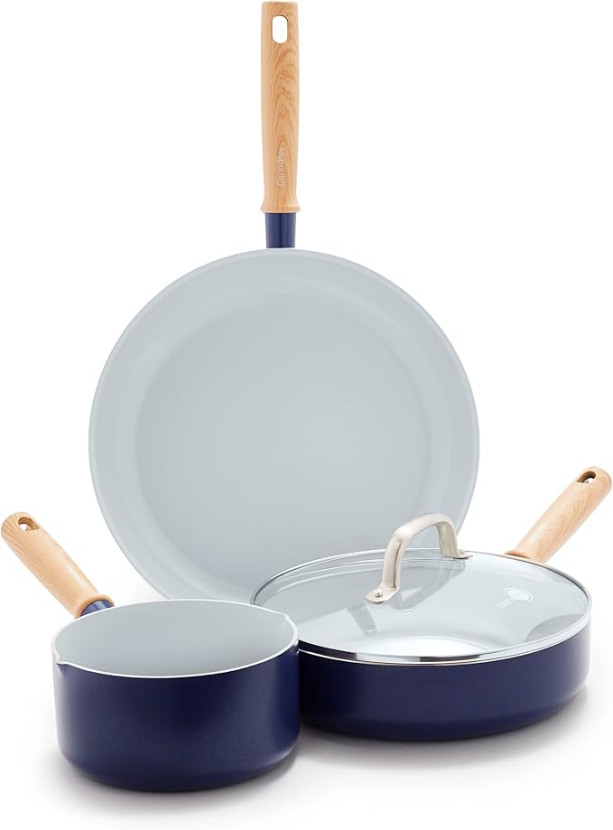 GreenPan Hudson Healthy Ceramic Nonstick 4 Piece Cookware Pots and Pans Set Vintage Vintage Wood Inspired Handle PFAS-Free Dishwasher Safe Navy Blue