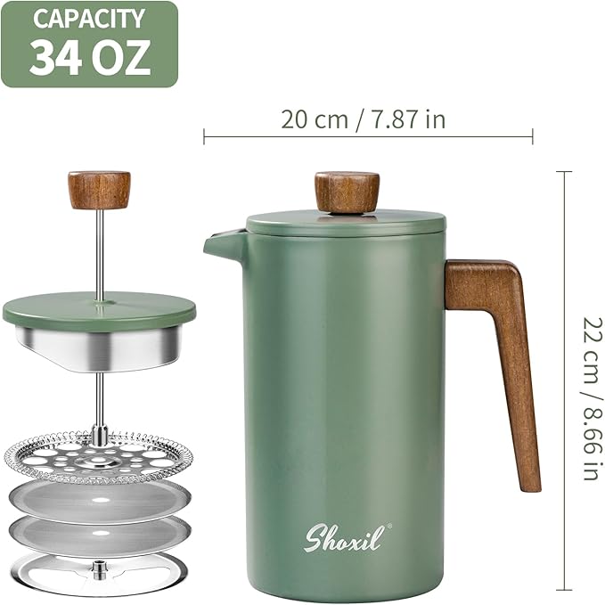 French Press Coffee Maker 34oz Stainless Steel Green Coffee Press Real Wood Handle Double Wall Insulated French Coffee Press with Dual-Filter Screen Perfect for Camping &amp Kitchen Use