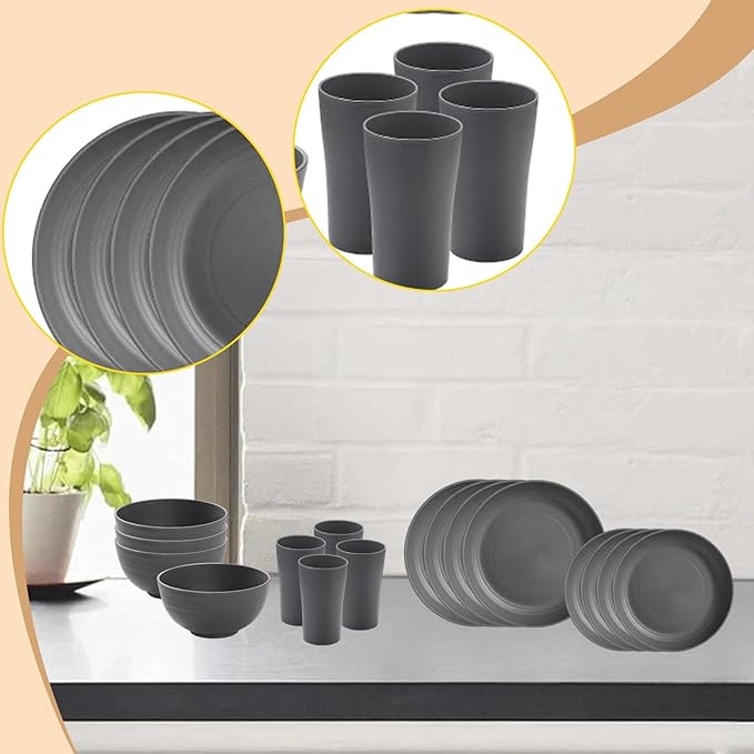 Dinnerware Sets Non Breakable Service for 4 Round Minimalist Matte Dishes Cups for Party Home RV Outdoor Camping Kitchen Gray