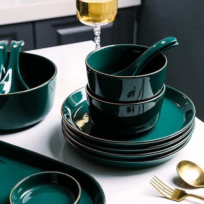 Nordic Light Luxury Emerald Ideas Porcelain Dinnerware Set 48 Piece 10 Person Plate Bowl Set Plate Set