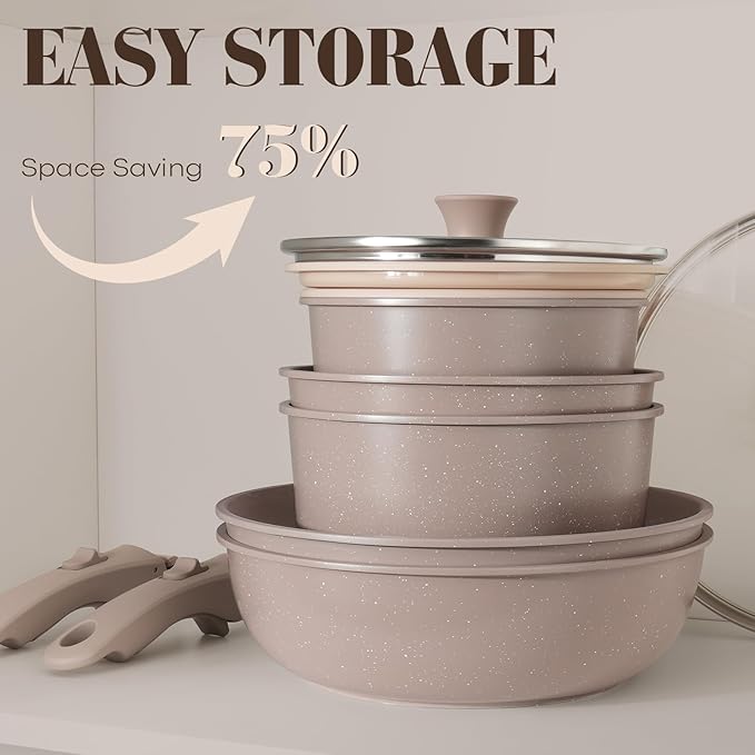 15Pcs Pots and Pans Set Non Stick Cookware Sets with Detachable Handle Nonstick RV Kitchen Cooking Tools Removable Handles Oven Safe Induction Fast Stackable Induction Cookware Brown