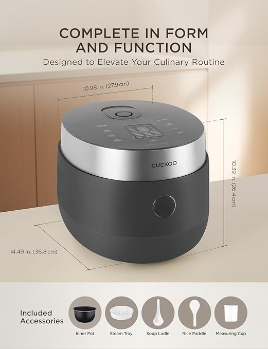 CUCKOO Non-Pressure Rice Cooker 8-Cup Uncooked / 16-Cup Cooked with Induction Heating Technology Versatile Rice Maker with 12 Menu Options and Steam Plate Voice Guide Gray (CR-HA0810FG)