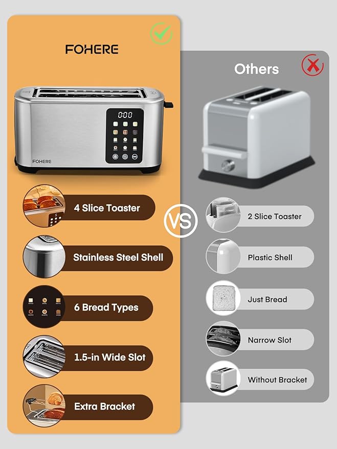 4 Slice Toaster Touch Screen Control Long Extra Wide Slots Smart Bread Toaster 6 Bread Types &amp 6 Shade Settings Stainless Steel Toaster with Removable Tray Cancel/Defrost/Reheat Function Sli