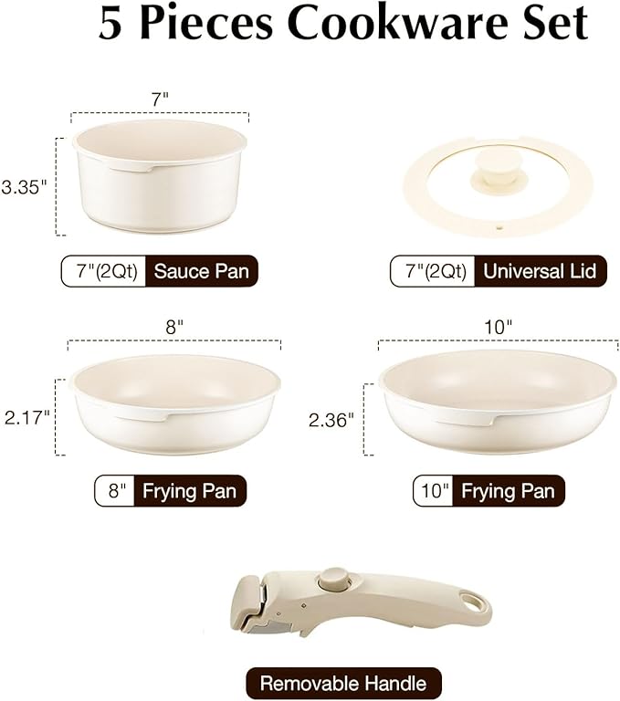 White Non-Stick Ceramic Cookware Set 5-Piece Pots and Pans Set with Detachable Handles Perfect for Everyday Cooking RV Camping and Compact Kitchens Induction Compatible PFOA &amp PTFE Free