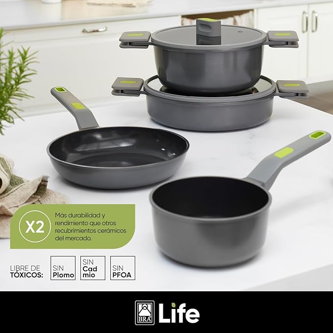 BRA LIFE – 9 Pieces of Cast Aluminium 100% Recycled Non-Stick Reinforced Ceramic without PFOA without PTFE Suitable for All Types of Cookers and Induction