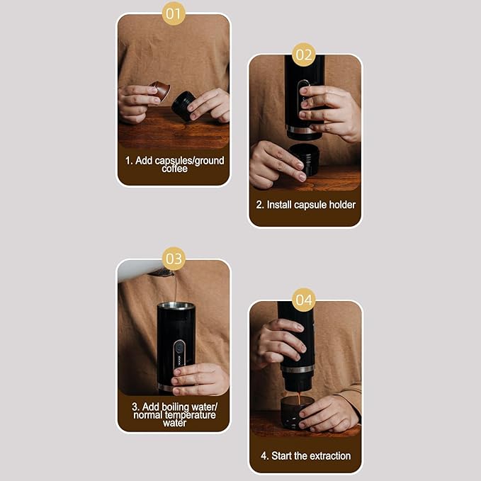 KIMISS Rechargeable SelfHeating Portable Coffee Maker for Travel Camping Office - 15 Bar Pressure Compatible with Coffee Capsules and Coffee Powder 80ml Water Capacity