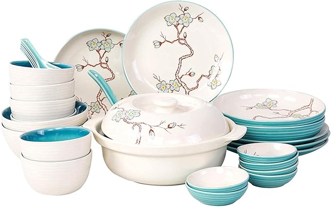 Dishes Dessert Plates 28-Piece Kitchen Dinnerware Set Household Ceramic Dinner Plate Sets Creative Plum Pattern Dishes Dinnerware Sets Service For 6 Appetizers Sal