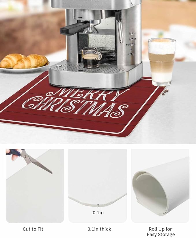 Coffee Mat for Counter Merry Christmas Rustic Red Wood Grain Absorbent Hide Stain Coffee Bar Mat Non-slip Coffee Bar Accessories Kitchen Drying Mat Fit Under Coffee Maker Espresso Machine