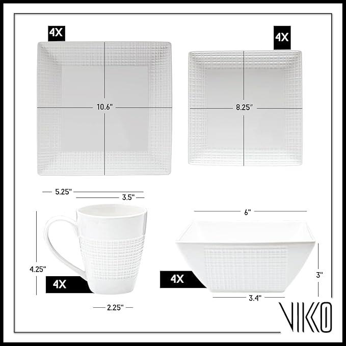 Vikko DinnerWare Sets16 Piece Dinnerware Set 4 Dinner Plates 4 Dessert Plates 4 Bowls 4 Mugs Fine Mesh Design Service for 4 Ceramic Dinnerware Sets Ivory