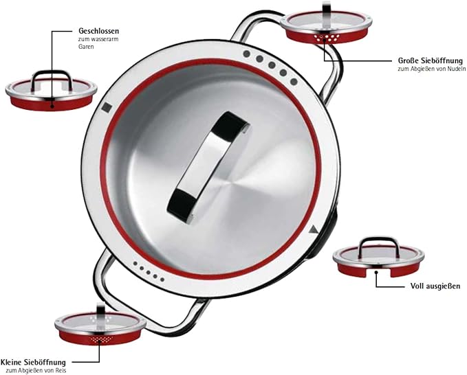 WMF cookware Ø 16 cm approx. 19l Function 4 Inside scaling lid - pour off or decant liquids without spilling to keep your dishes and cooker clean. Made in Germany hollow side handles glass lid Cromar