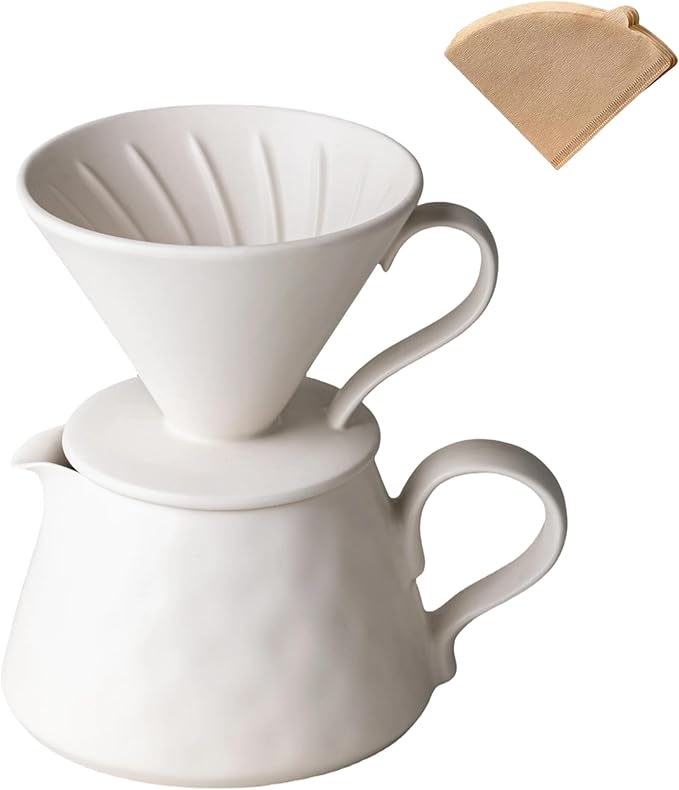 Pour Over Coffee MakerCeramic Coffee Maker With 40 pcs Paper Filter15oz/450ml Ceramic Pour Over Coffee Dripper（Off White）