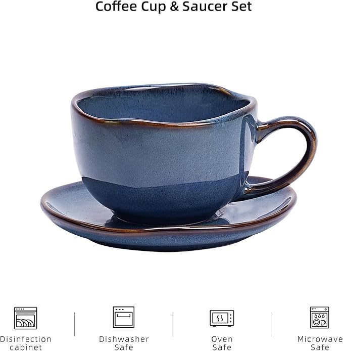 Organic Shape Highland Ceramic Coffee Cup and Saucer 6pcs 8oz Handmade Reactive Glaze Saucer Sets with Wavy Edge for Kitchen Microwave &amp Dishwasher Safe Scratch Resistant-Blue