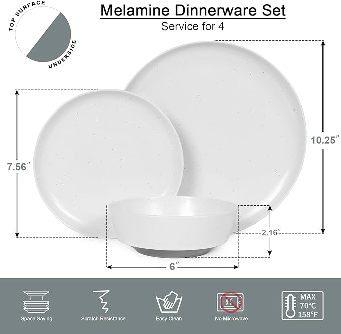 Webbylee 12-Piece Melamine Dinnerware Set for 4 – Unbreakable Plates &amp Bowls Lightweight Two-Tone White &amp Grey Ideal for Family Meals Camping Picnic Parties