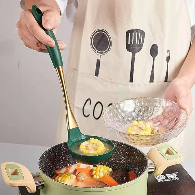8-Piece White Kitchen Utensil Set with Gold Handles Stainless Steel Cooking Tools Includes Spatulas Ladle Spoons for Nonstick Cookware (Gold and Green)