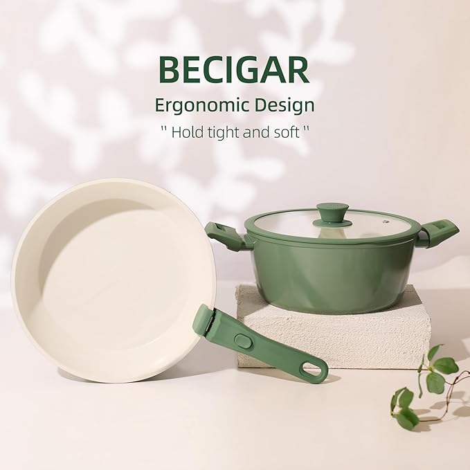 23pcs Ceramic Pots and Pans Set Nonstick Detachable Handle Cookware Induction Kitchen Cooking Set with Removable Handleinclude Frying Pans &amp Saucepans Oven Safe(Green)